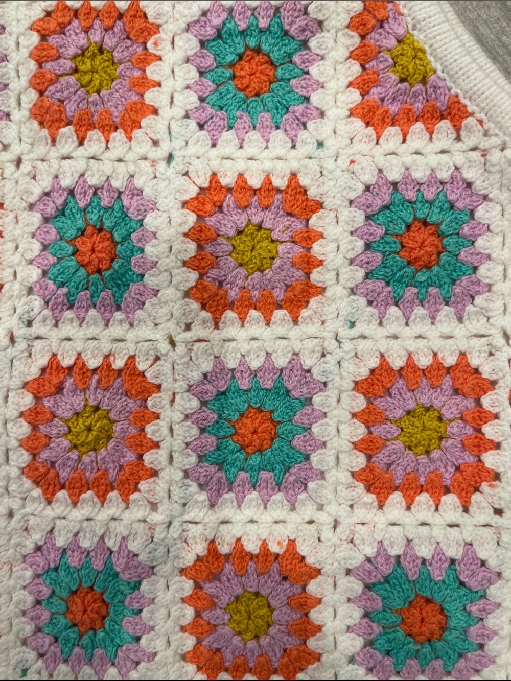 Girl’s Crochet Square Tank Top - White with Pink, Orange & Teal Flowers - Picture 2 of 3